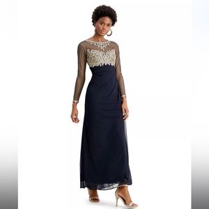 XSCAPE Embellished Illusion-Bodice Ruched Gown | Navy/Gold | Size 8 Petite